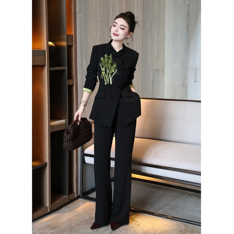 新中式国风刺绣西服套装女设计感重要场合修身西装长裤气质两件套