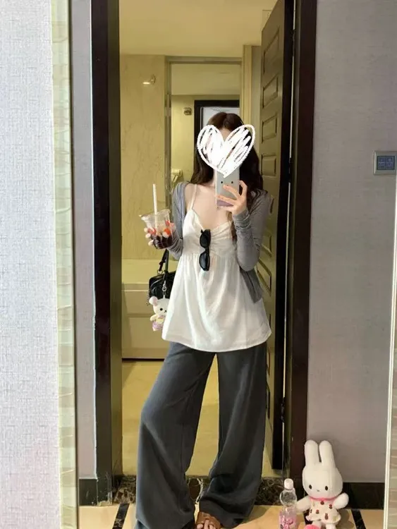 大码女装早秋新款显瘦纯欲风吊带背心外披阔腿裤减龄显瘦三件套