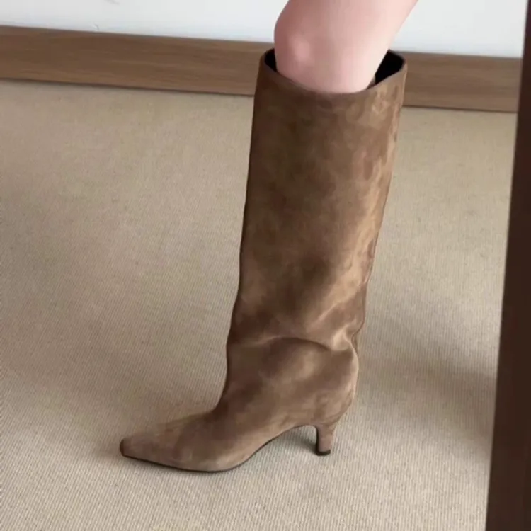 羊皮版~韩版时尚百搭圆头舒适简约高跟气质百搭小众不过膝长靴