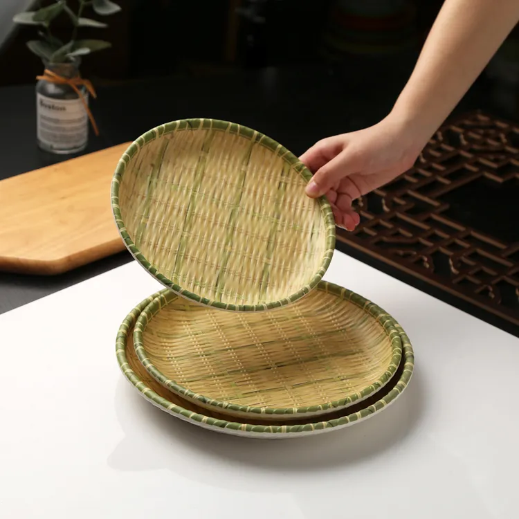 仿瓷仿竹编配菜盘创意创意大盘子烧烤火锅竹藤编商用火锅塑料菜盘