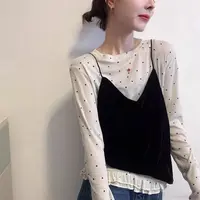 【海南肉丝】设计感波点木耳花边叠穿吊带上衣