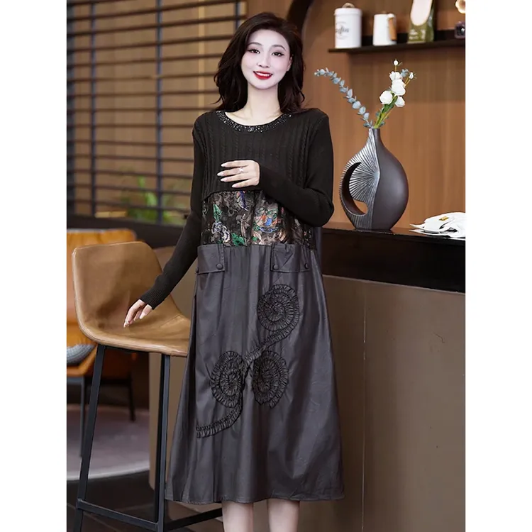 6555#赫本风连衣裙女2025新款秋季针织拼接胖mm大码高级感长裙