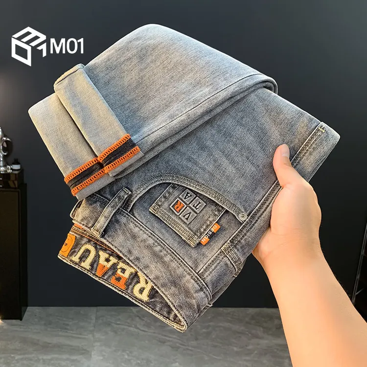 M01轻奢灰色男士牛仔裤夏新款潮牌刺绣百搭长裤薄款修身小直筒裤
