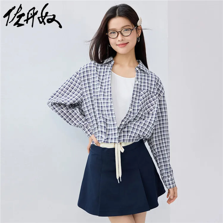 佐丹奴衬衫女装假两件格纹前短后长翻领梭织长袖衬衫 18345504