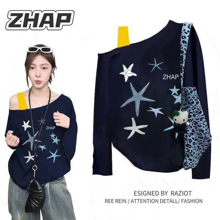 【ZHAP】斜领肩带长袖T恤女爆款穿搭海洋星星秋季宽松百搭高级显瘦