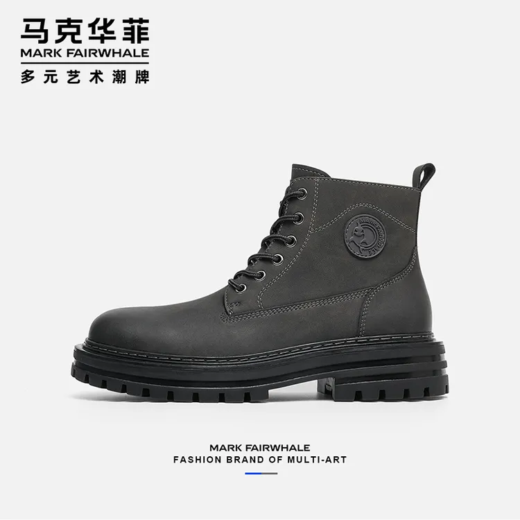 马克华菲增高情侣马丁靴秋冬擦色男靴机车工装靴子高帮男士男鞋