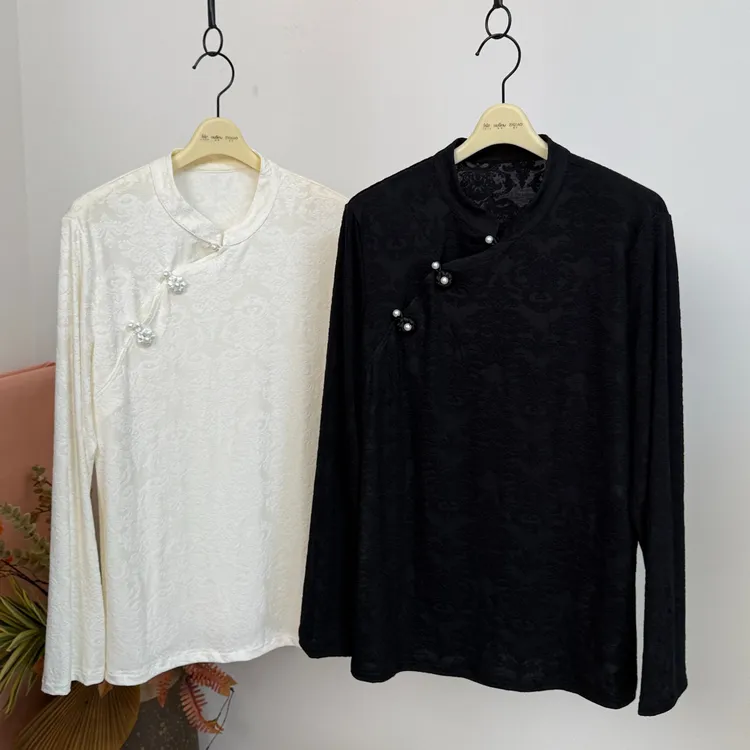 新中式立领大码高弹力提花打底衫