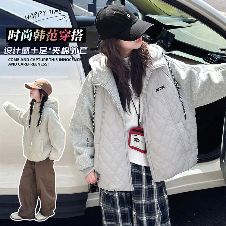 女童2025冬季字母绗棉加厚外套中大童女孩韩系时尚简约休闲棉服潮