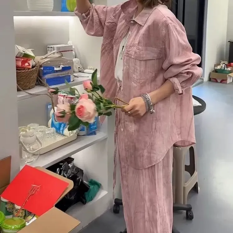 韩系慵懒风休闲气质丝光棉麻纹理宽松衬衫阔腿裤 舒适套装25019