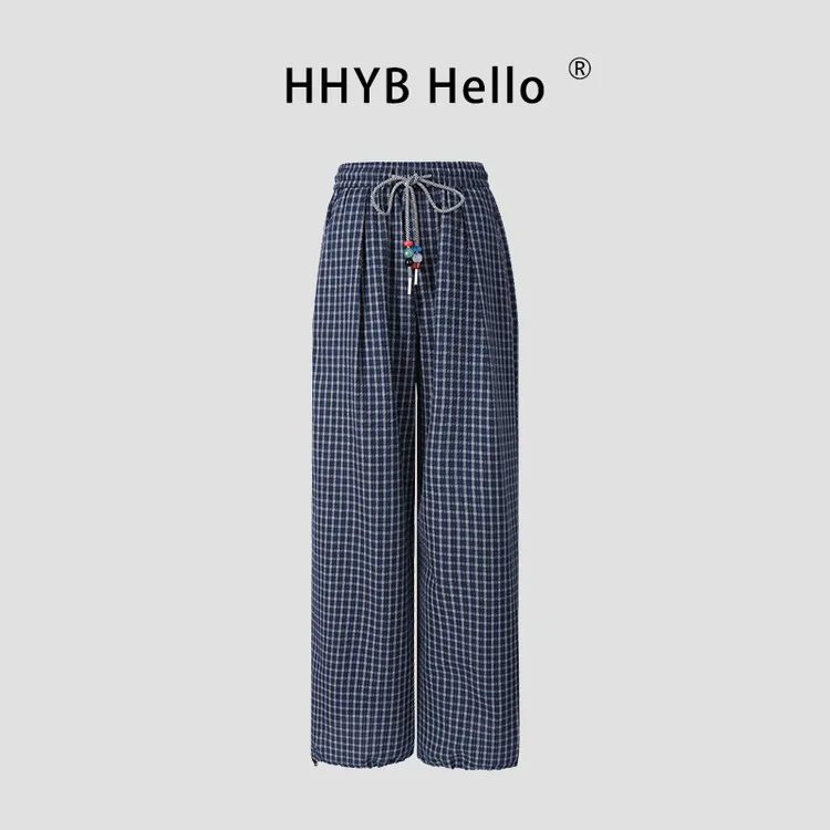 HHYB Hello撞色格子阔腿裤串珠抽绳格纹宽松直筒裤休闲裤Q254195
