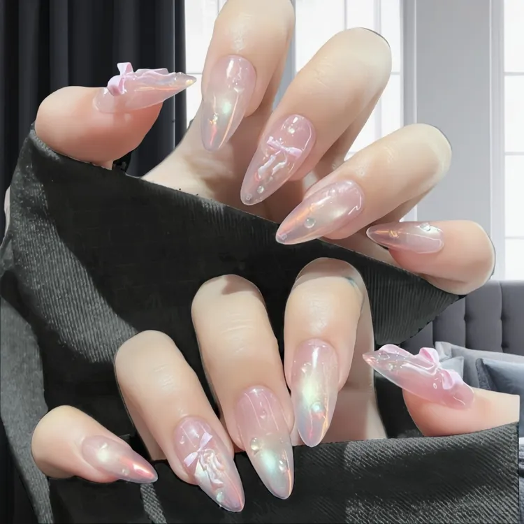 【缎带】纯手工穿戴甲美甲温柔仙女风蝴蝶结粉紫色猫眼杏仁甲