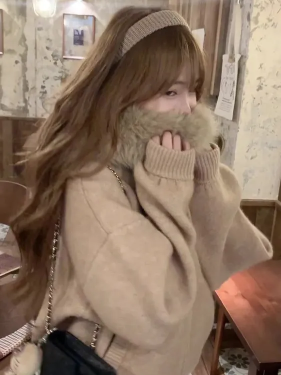 韩系高级感大毛领连帽针织开衫毛衣女秋冬宽松外传慵懒风外套上衣