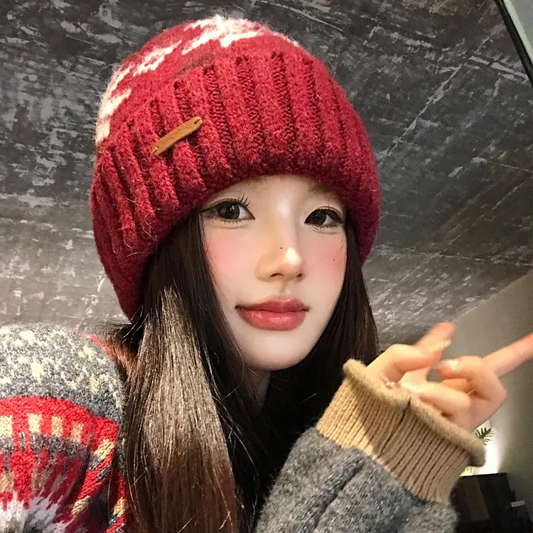 红色费尔岛雪花针织帽女秋冬季保暖大头围冷帽显脸小加厚毛线帽子