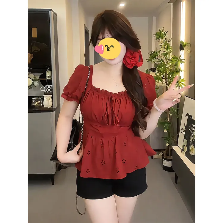 大码温柔风红色短袖衬衫女装夏季胖mm设计感法式气质修身显瘦上衣