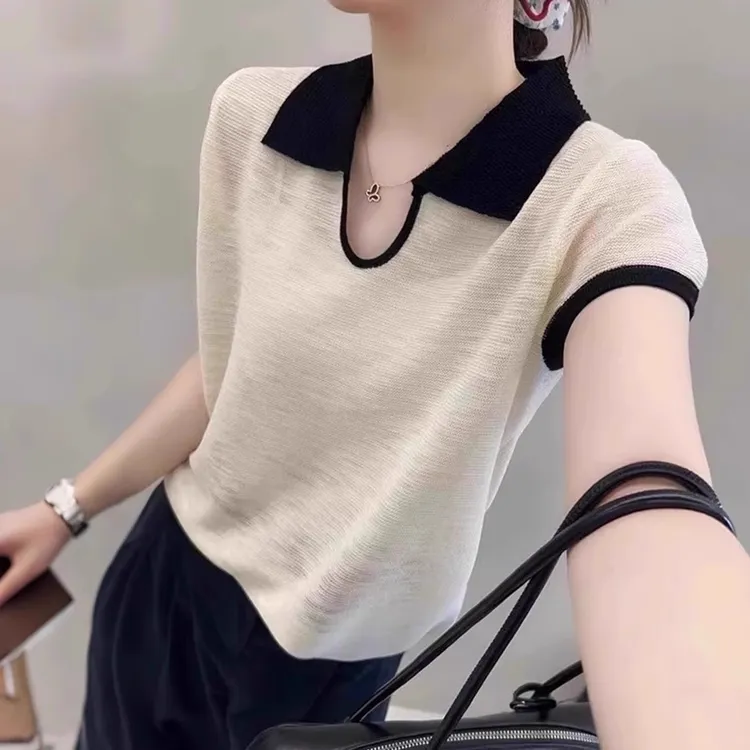 超火撞色冰丝短袖上衣女夏季2025新款减龄针织衫垂感翻领t恤小衫