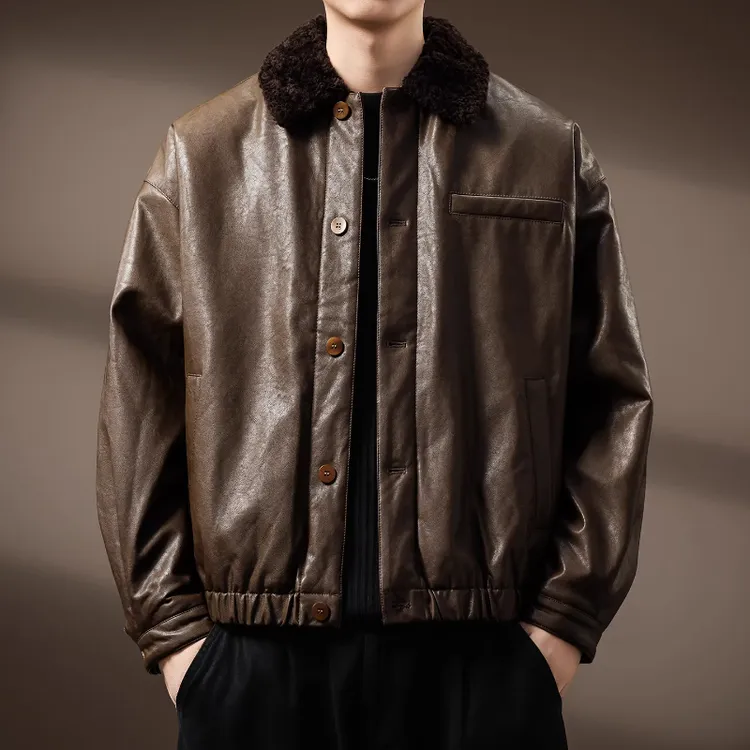 高端植鞣皮重磅羊羔绒PU皮衣夹克男士秋冬派克服加绒加厚棉服外套