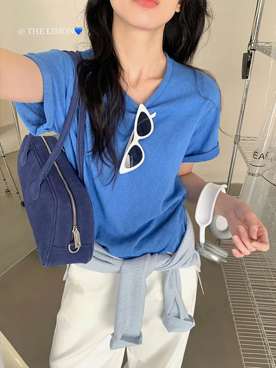 多巴胺蓝色圆领正肩短袖T恤女夏季高级感宽松显瘦半袖雪花棉上衣