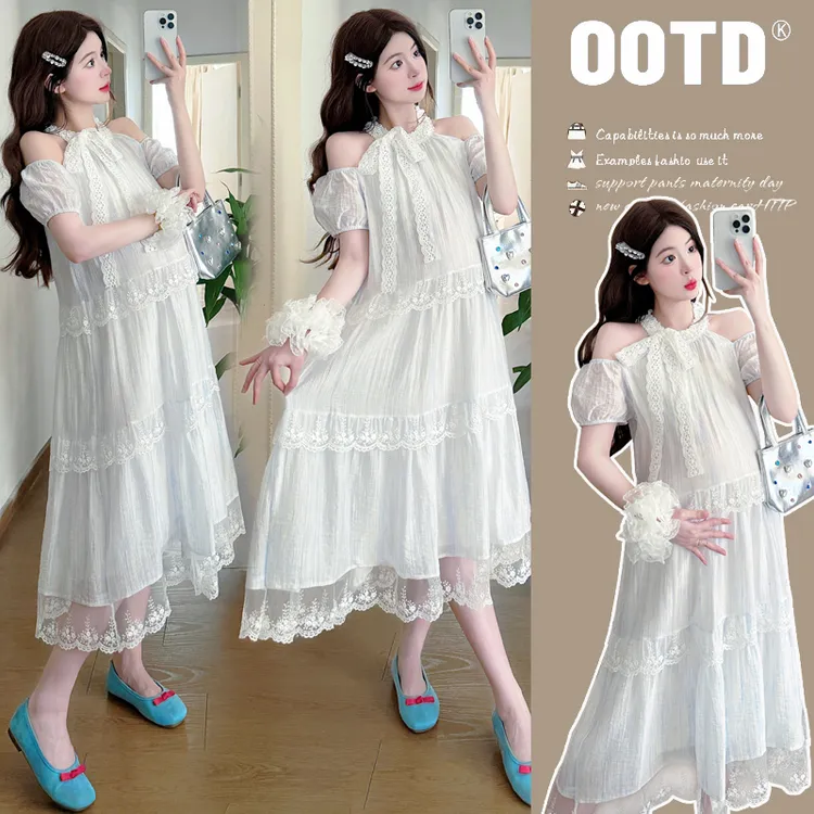 孕妇夏装韩版时尚2025夏季孕妇装细闪晕染露肩蕾丝花边拼接连衣裙