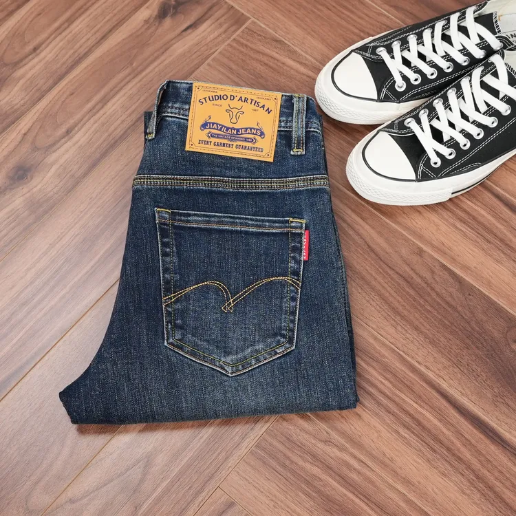 早秋新款男士经典刺绣牛仔裤水洗微弹修身小直筒深蓝色百搭男裤子