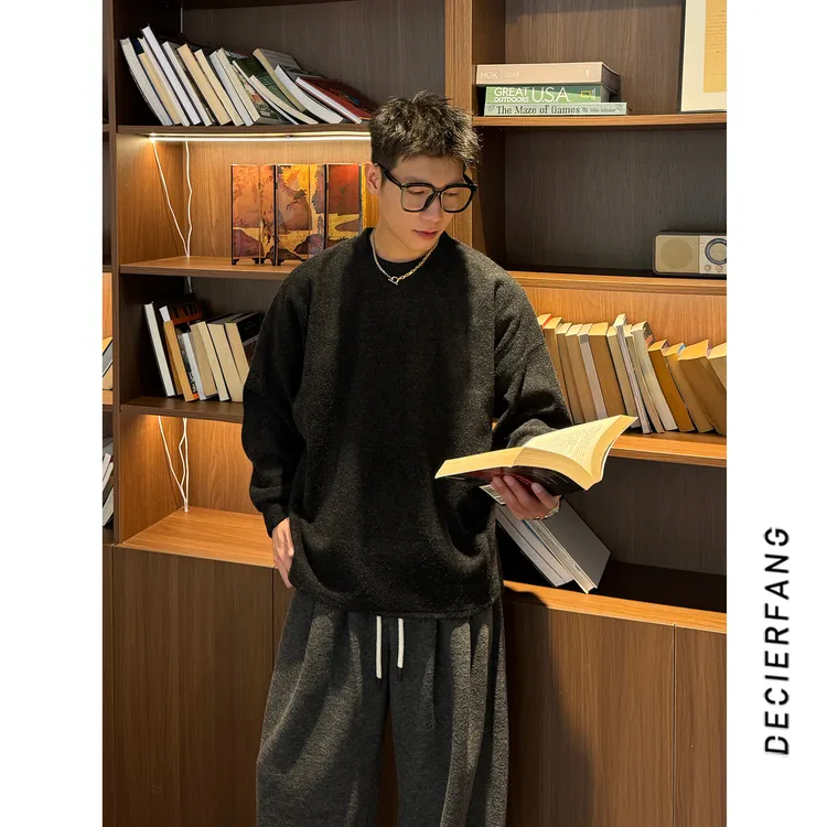 秋季新款圆领肌理绒感长袖卫衣男士秋季韩版复古套头上衣