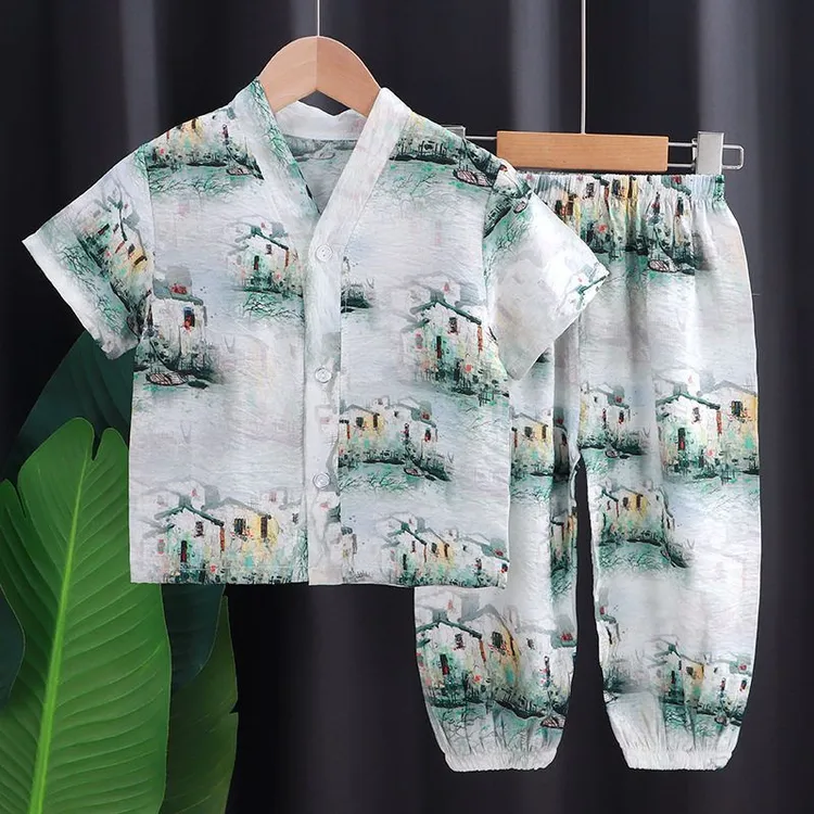 儿童棉绸睡衣家居服套装夏季中大童薄款国风绵绸空调服童装新款