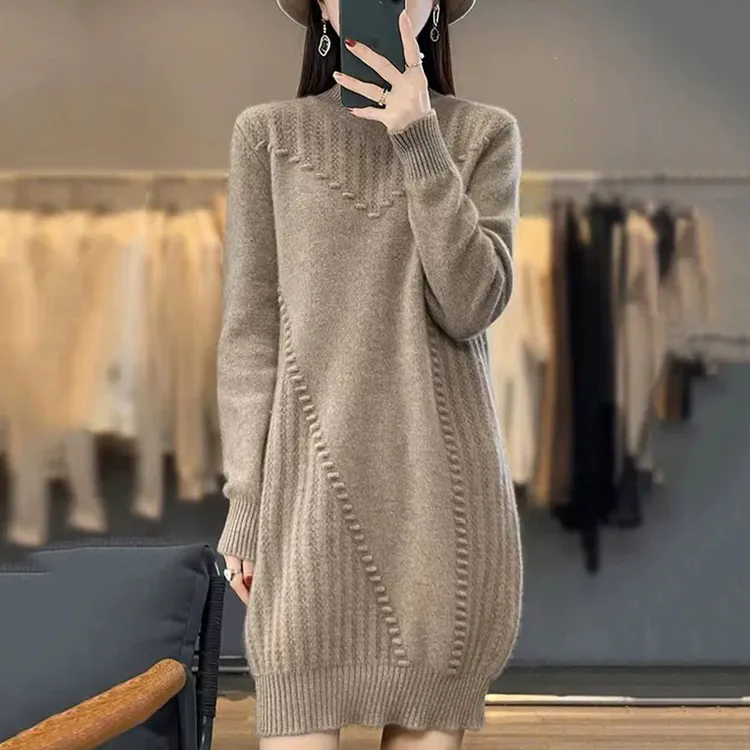 100纯羊毛衫女半高领中长款秋冬宽松百搭毛衣时尚加厚羊绒打底衫