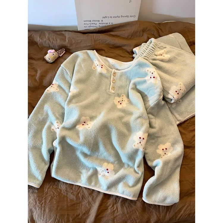 小狗网红ins风氛围珊瑚绒睡衣女少女可爱卡通印花舒适家居服套装