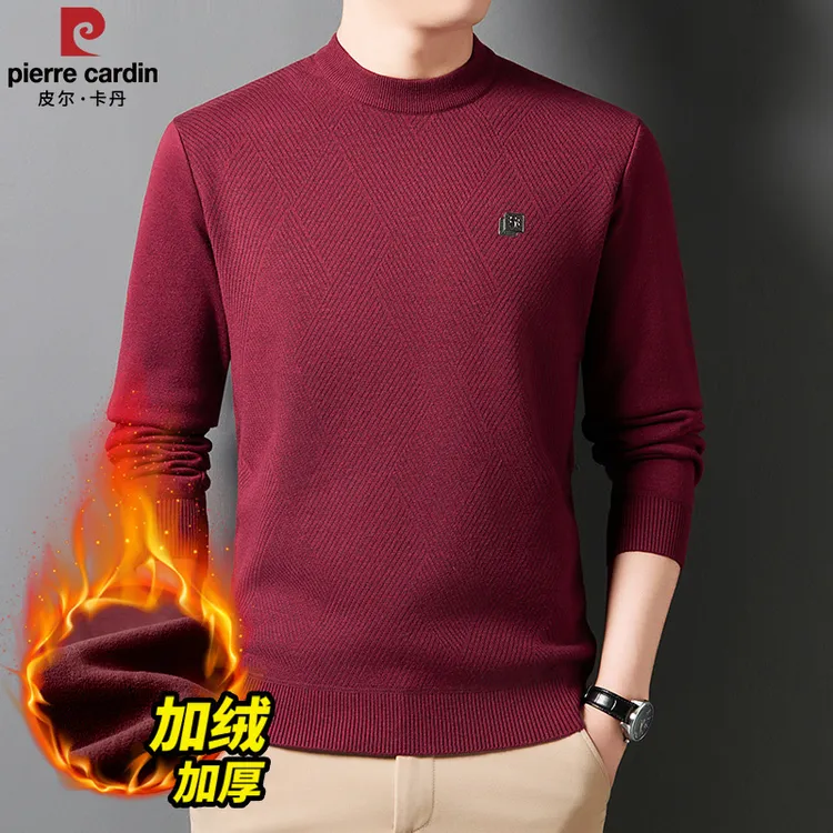 皮尔卡丹红色毛衣男款冬季加绒百搭新款套头针织衫圆领加厚