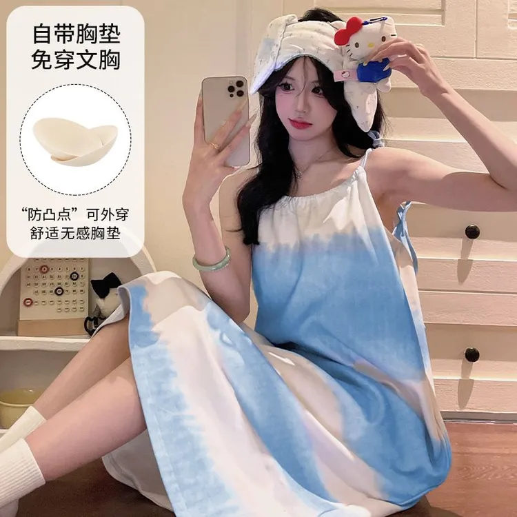 带胸垫睡衣女新款吊带睡裙甜美宽松夏季新款纯欲风花边休闲家居服