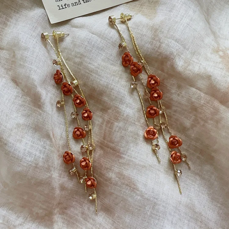 铜合金耳饰 超长款玫瑰花流苏耳钉耳环女超仙美拉德无耳洞耳夹女