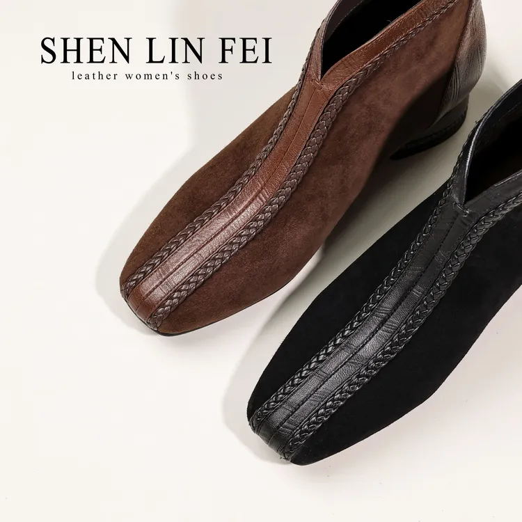 头层羊皮/3cm新款方头编织时尚百搭短靴软底粗跟舒适瘦女靴D20833