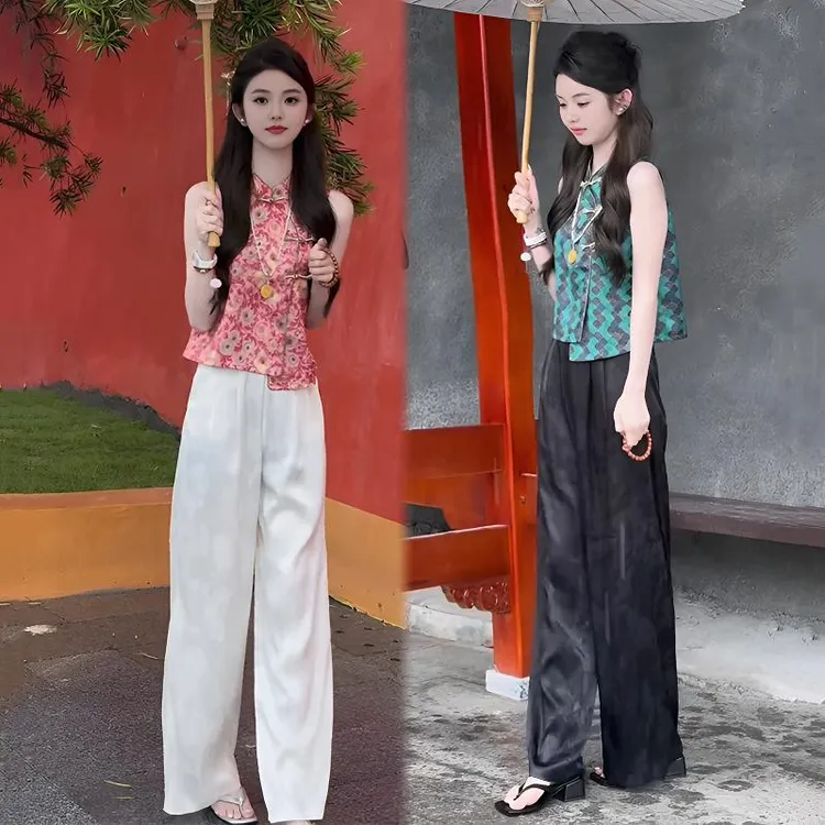 2025夏季新款国风无袖盘扣背心上衣搭提花阔腿裤两件套文艺复古