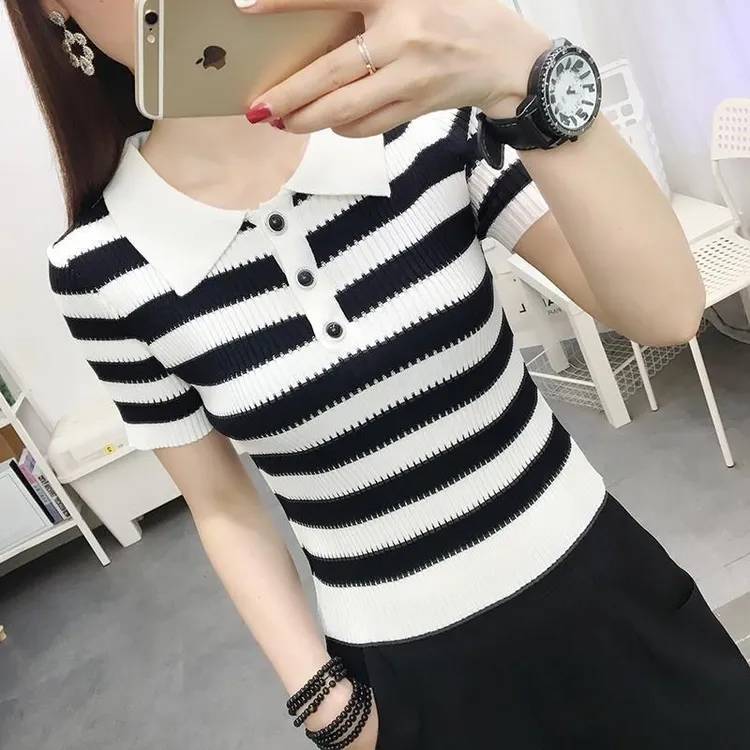 短袖t恤女装2025新款洋气娃娃领针织短款上衣女夏季冰丝打底体恤