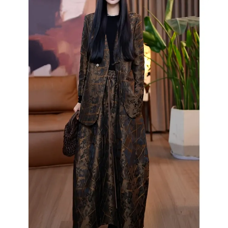 复古文艺风印花高档裙套装2025秋季新款遮肉显瘦百搭上衣+半身裙