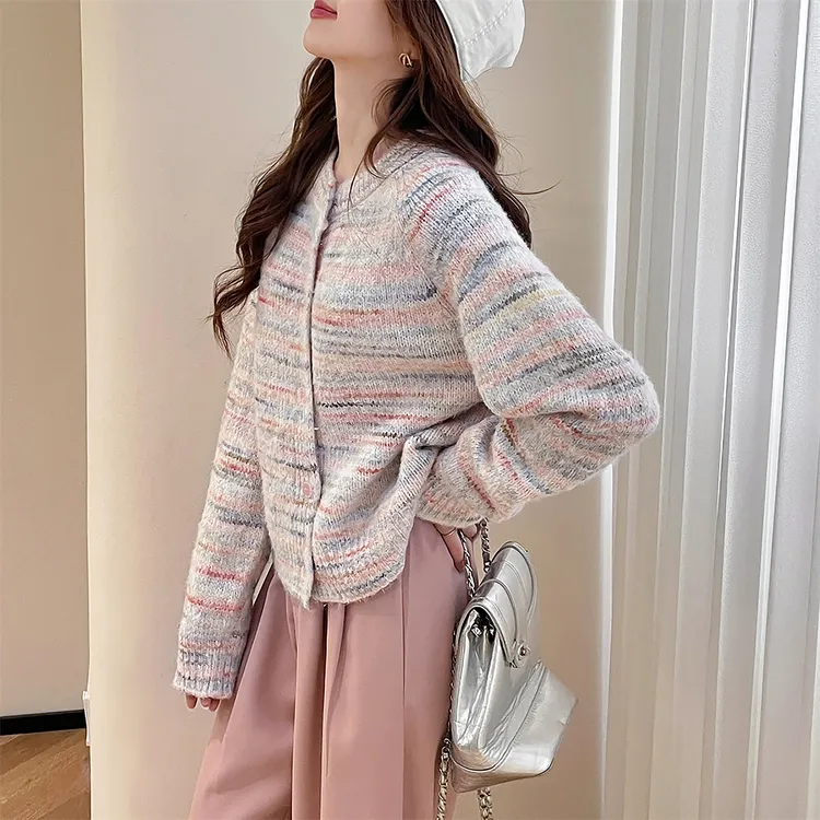Qiuzixian唐狮慵懒风圆领针织开衫女春秋外套高级感减龄显瘦上衣