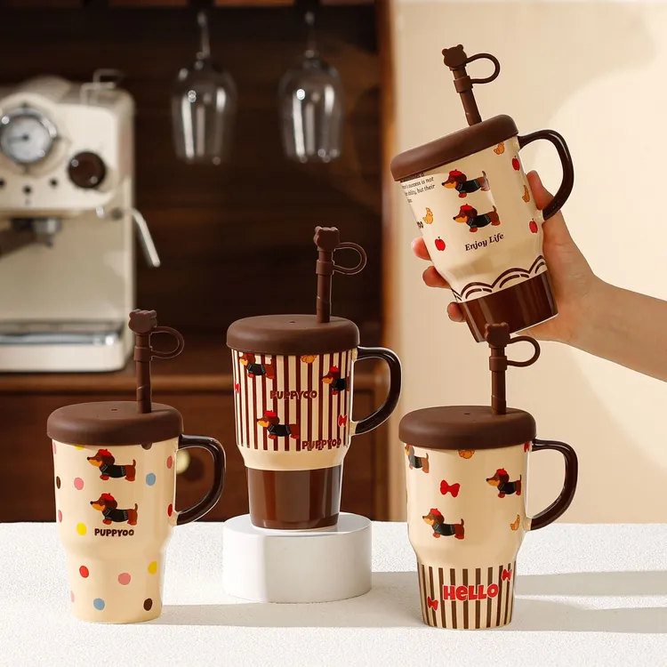 【小宁专属】夏天吨吨杯马克杯带盖陶瓷水杯咖啡杯大容量吸管杯