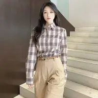 商场同款新品女装通勤简约收腰显瘦格纹单排扣翻领长袖衬衫130146