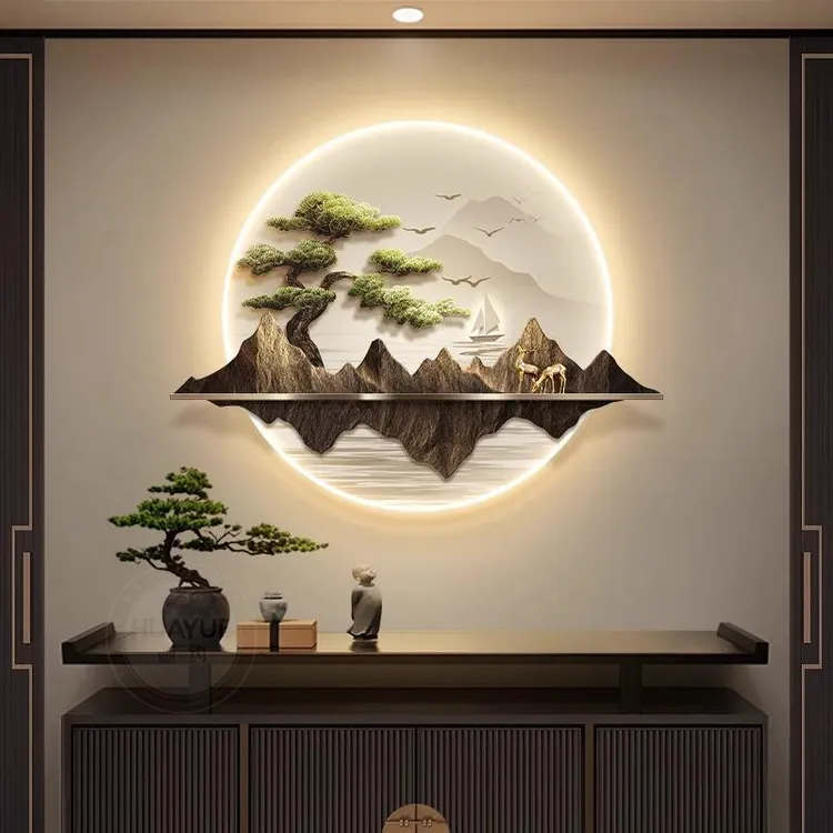 新中式玄关装饰画圆形入户迎客松山水壁画灯高档禅意茶室书房挂画