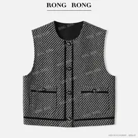 溶溶J【优雅诗序】RONG 羊毛混纺斜条撞色花呢小香织带马夹25C6221