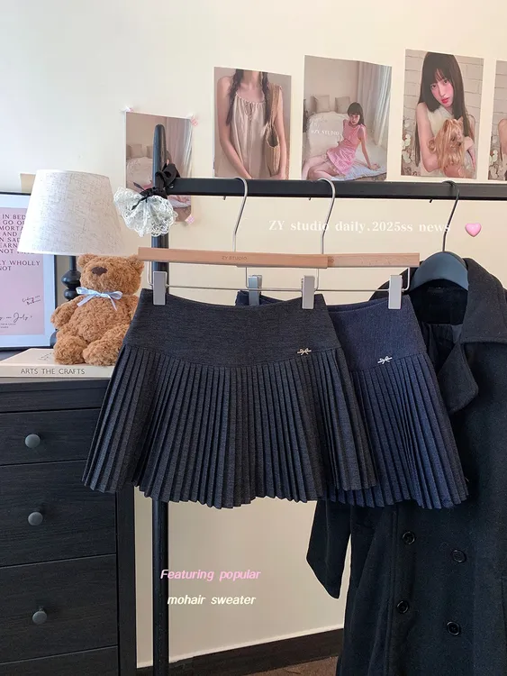 秋冬牛仔蓝甜美蝴蝶结百褶裙少女学院风A字半身裙收腰显瘦百搭裙