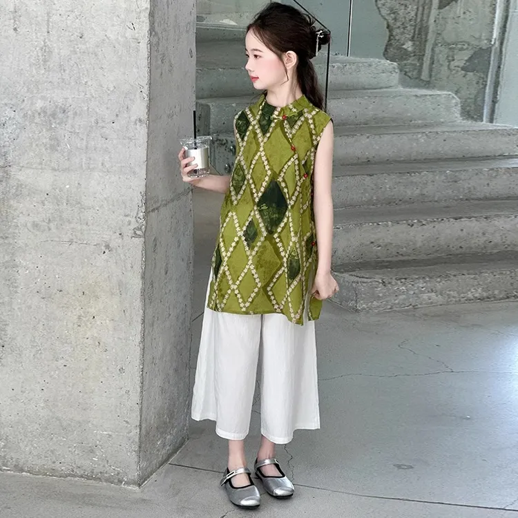 女童国风套装夏装2025新款中大童中式无袖旗袍背心儿童夏季阔腿裤