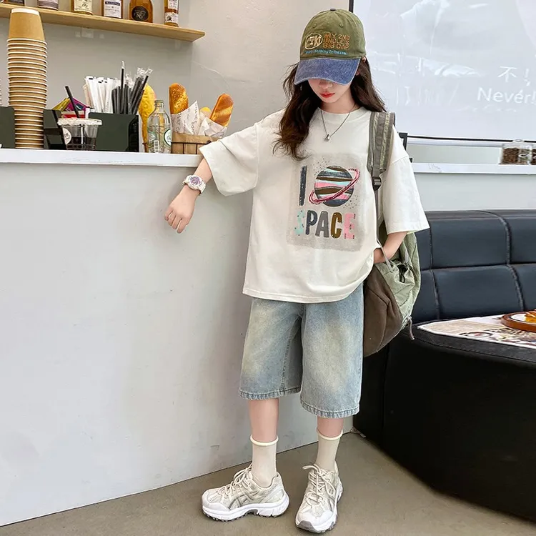 女大童夏季短袖牛仔短裤套装2024新款初中生女孩个性夏装中学生潮