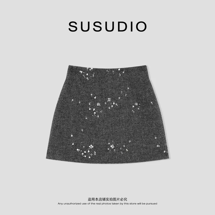 SUSUDIO 绵羊毛 贵气感亮片显瘦防走光小香气质毛呢短裙 40691
