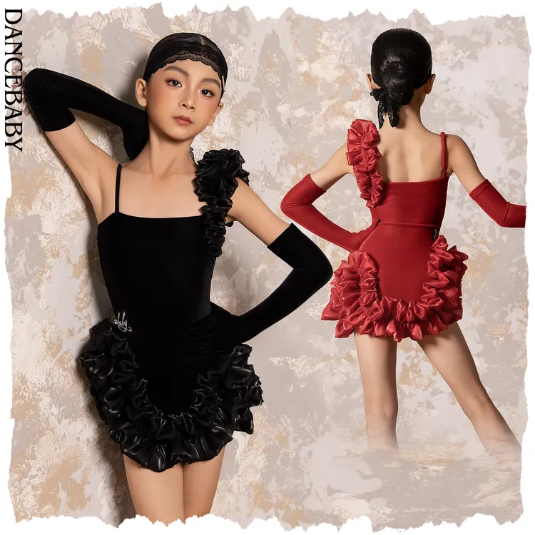 Dancebaby拉丁舞花服比赛服新年2025新款女童练习服丝绒连衣服D81