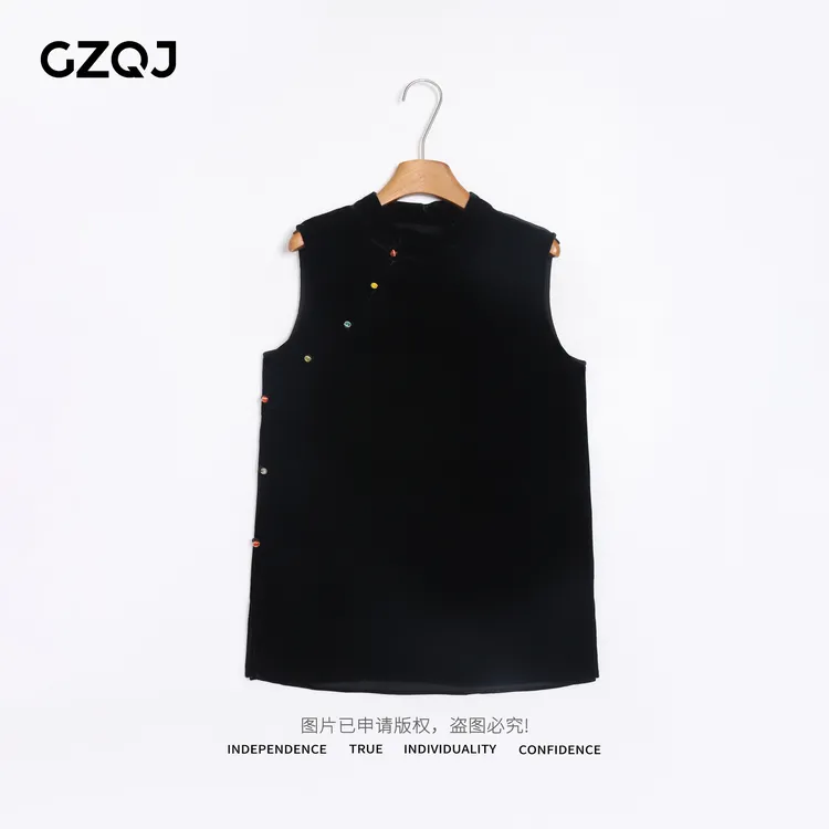 老琴私服【浮光衔珠】真丝丝绒欧若风国风斜门襟无袖上衣女夏11805