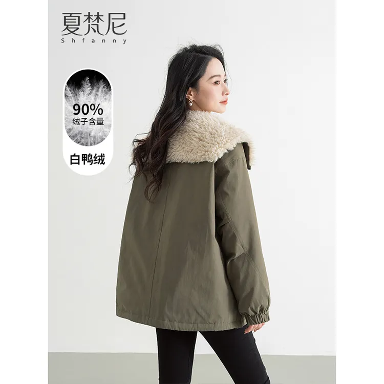 夏梵尼济州序曲工装派克羽绒服毛毛保暖加厚百搭外套90白鸭绒爆款