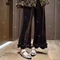 新中式高品早秋重工花边蕾丝拼接设计高腰木耳边阔腿丝绒裤023