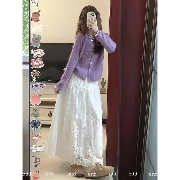 早秋小香风套装2025新款气质重工紫色亮片毛衣开衫蕾丝拼接半身裙