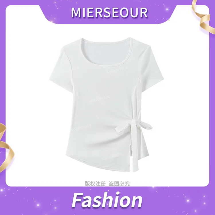 新款不规则夏季T恤系带开叉欧若风短袖显瘦19051