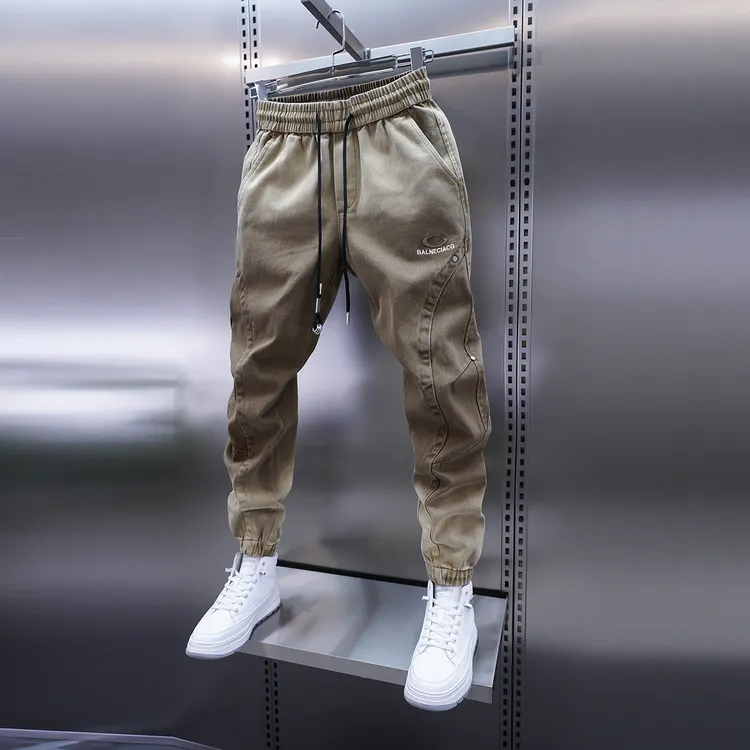 男士秋冬季新款渐变色休闲裤松紧腰拼接刺绣束脚裤潮牌时尚小脚裤